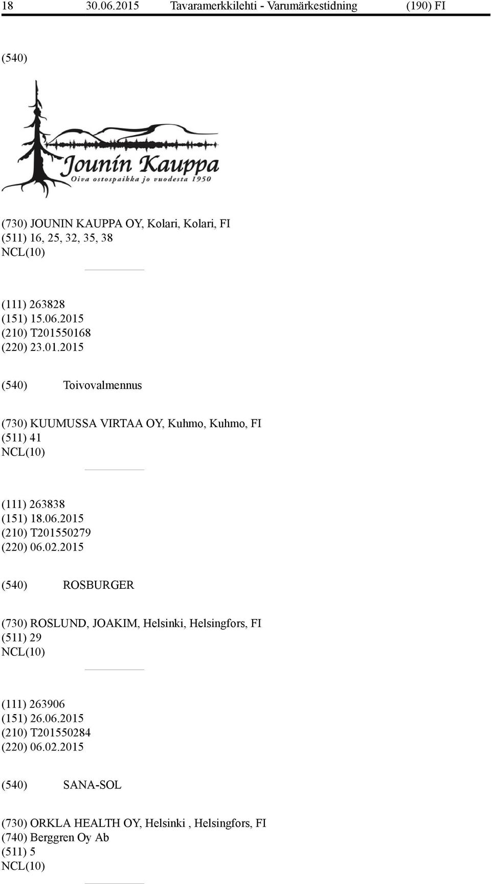 06.2015 (210) T201550279 (220) 06.02.2015 ROSBURGER (730) ROSLUND, JOAKIM, Helsinki, Helsingfors, FI (511) 29 (111) 263906 (151) 26.