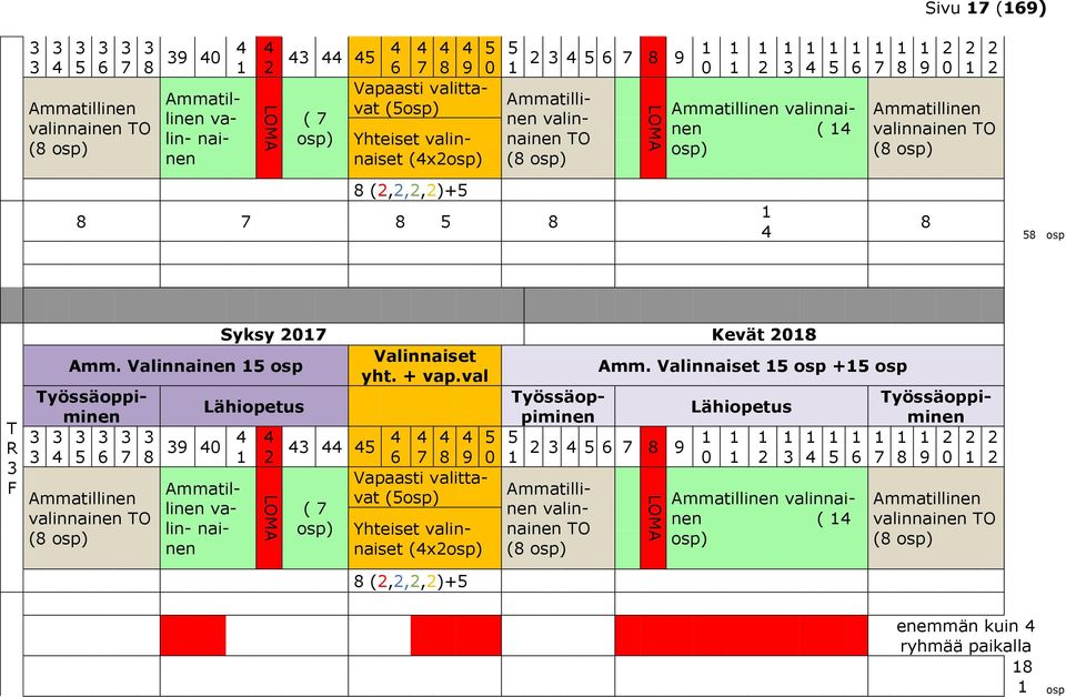 valinnainen TO (8 osp) 8 (2,2,2,2)+5 8 7 8 5 8 1 4 8 58 osp T R 3 F 3 3 Ammatillinen valinnainen TO (8 osp) Syksy 2017 Kevät 2018 Amm. Valinnainen 15 osp Valinnaiset yht. + vap.val Amm.