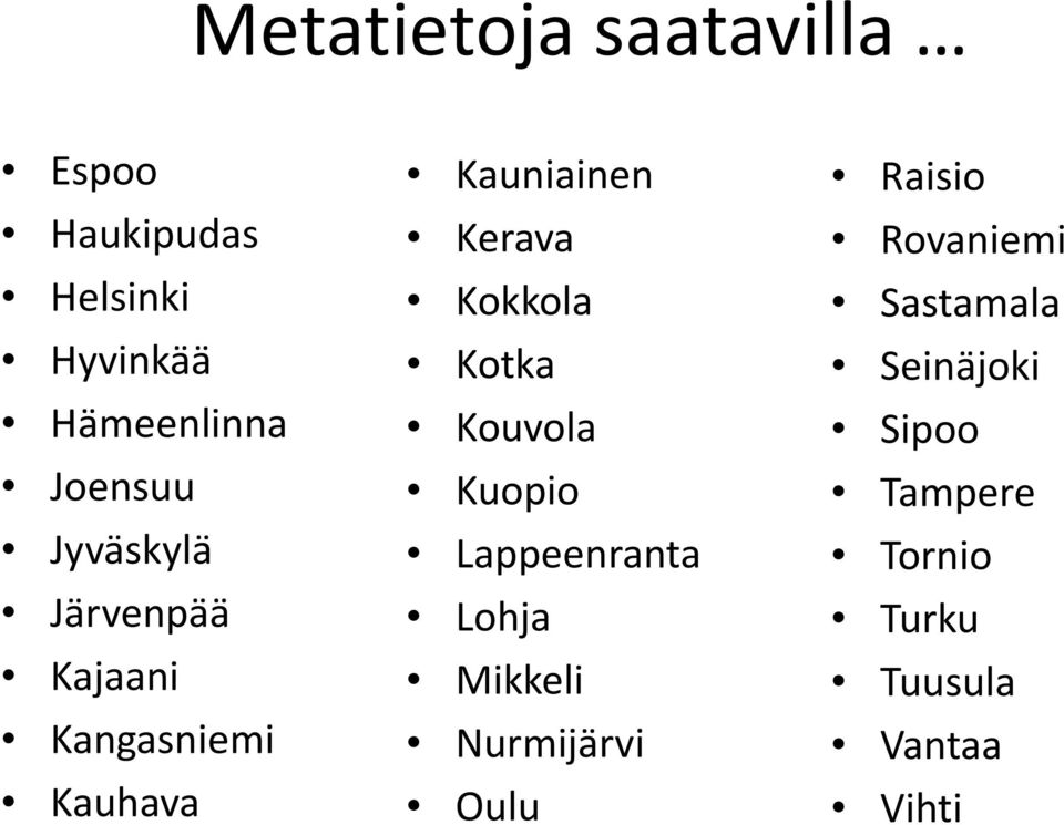 Kokkola Kotka Kouvola Kuopio Lappeenranta Lohja Mikkeli Nurmijärvi Oulu