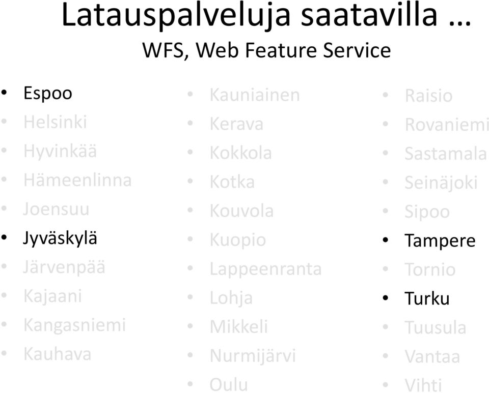 Kerava Kokkola Kotka Kouvola Kuopio Lappeenranta Lohja Mikkeli Nurmijärvi Oulu