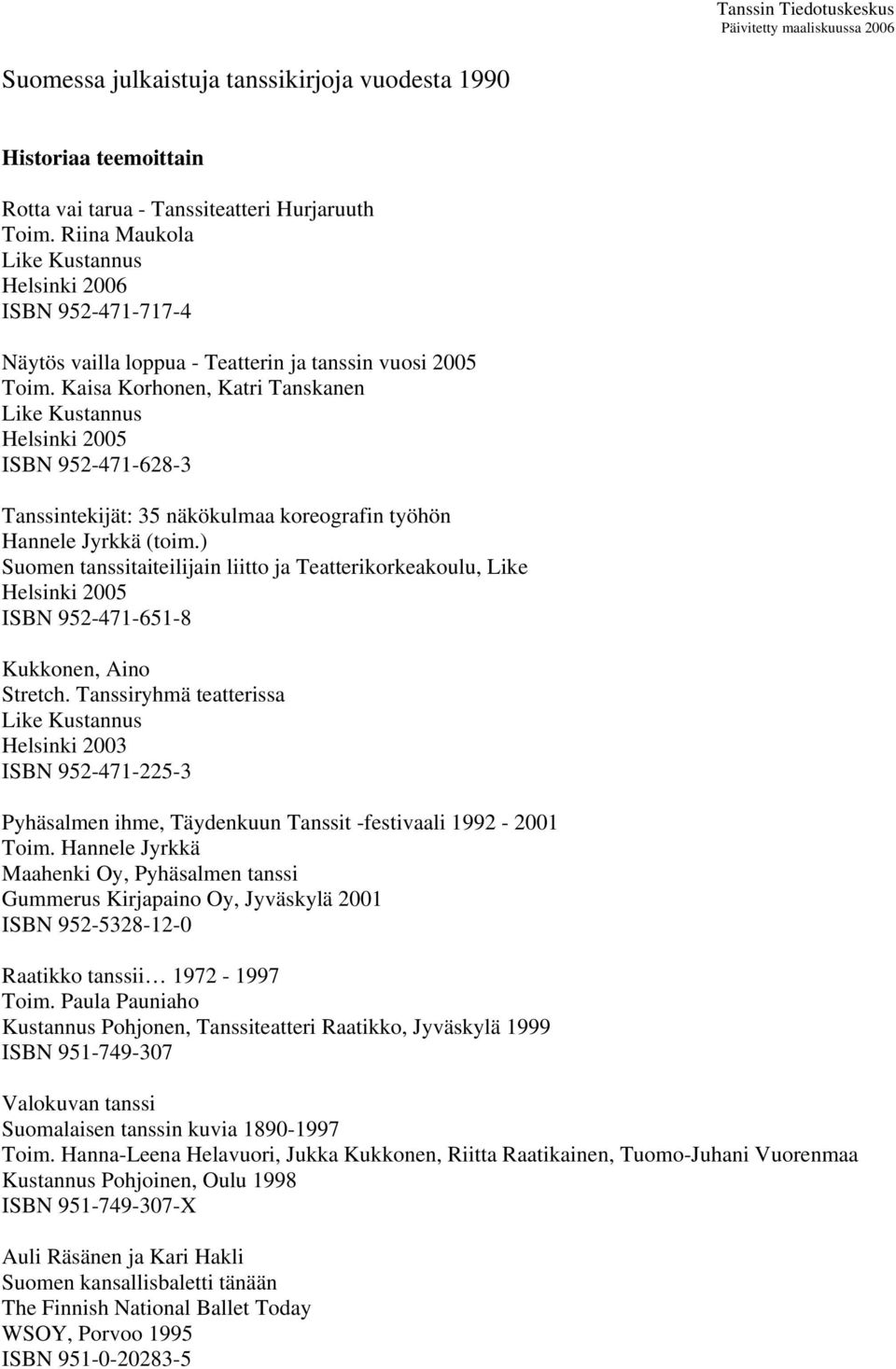 Kaisa Korhonen, Katri Tanskanen Like Kustannus ISBN 952-471-628-3 Tanssintekijät: 35 näkökulmaa koreografin työhön Hannele Jyrkkä (toim.