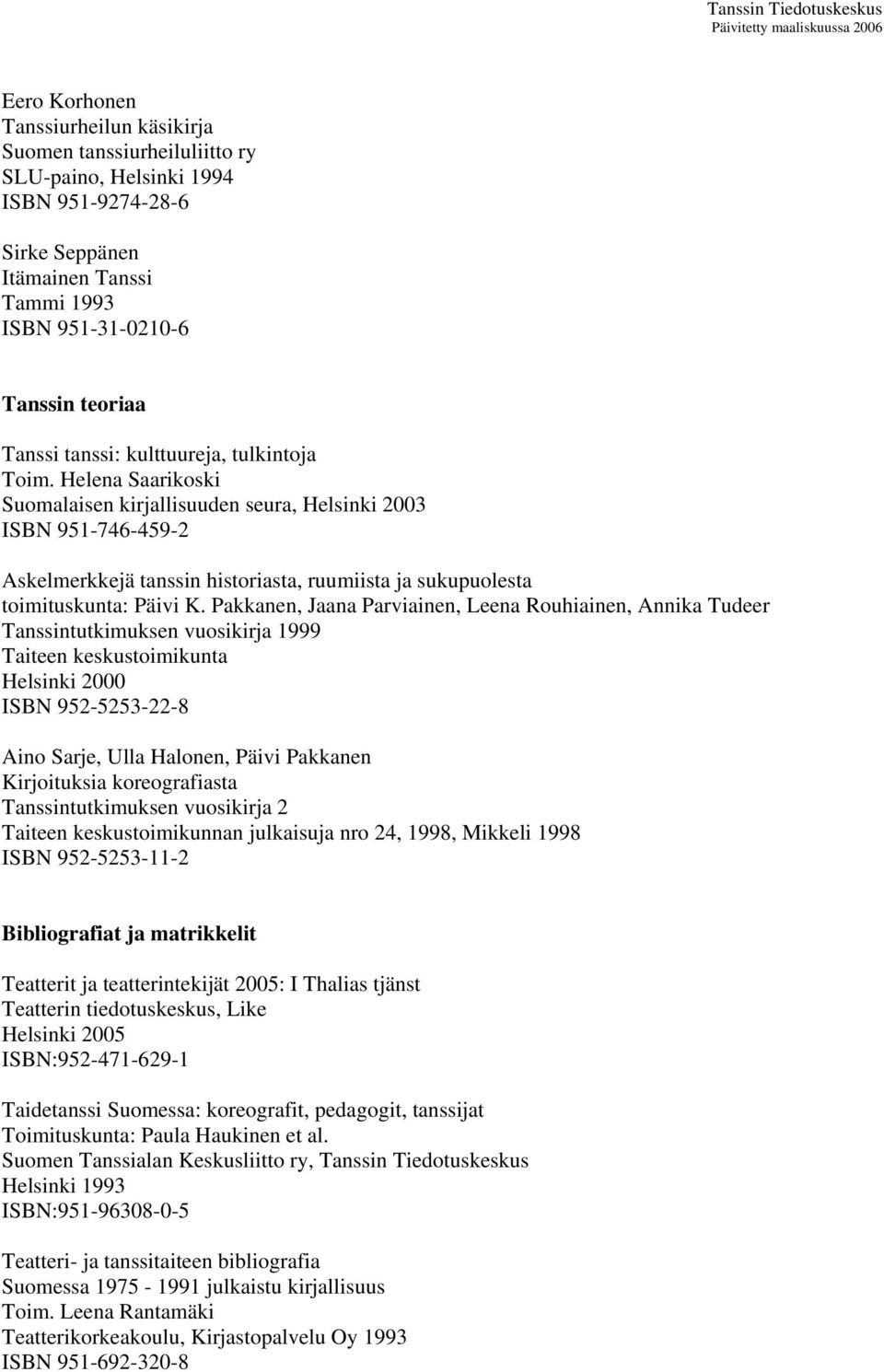Helena Saarikoski Suomalaisen kirjallisuuden seura, Helsinki 2003 ISBN 951-746-459-2 Askelmerkkejä tanssin historiasta, ruumiista ja sukupuolesta toimituskunta: Päivi K.