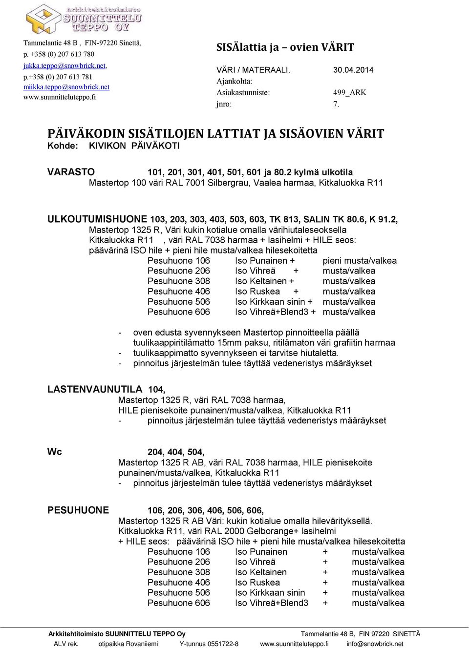 PÄIVÄKODIN SISÄTILOJEN LATTIAT JA SISÄOVIEN VÄRIT Kohde: KIVIKON PÄIVÄKOTI VARASTO 101, 201, 301, 401, 501, 601 ja 80.