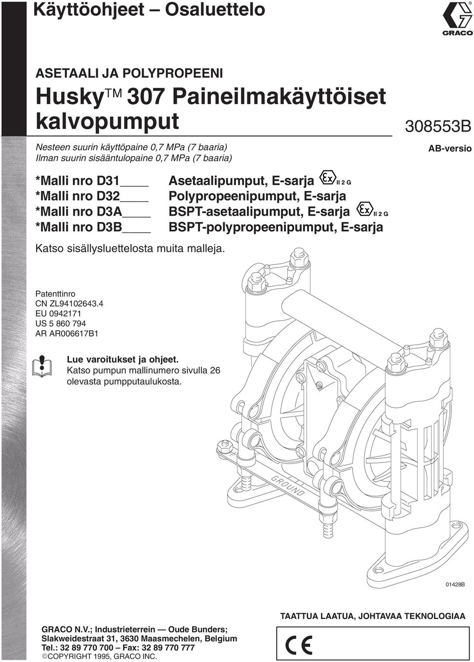 Katso sisällysluettelosta muita malleja. Patenttinro CN ZL940643.4 EU 0947 US 5 860 794 AR AR00667B Lue varoitukset ja ohjeet. Katso pumpun mallinumero sivulla 6 olevasta pumpputaulukosta.