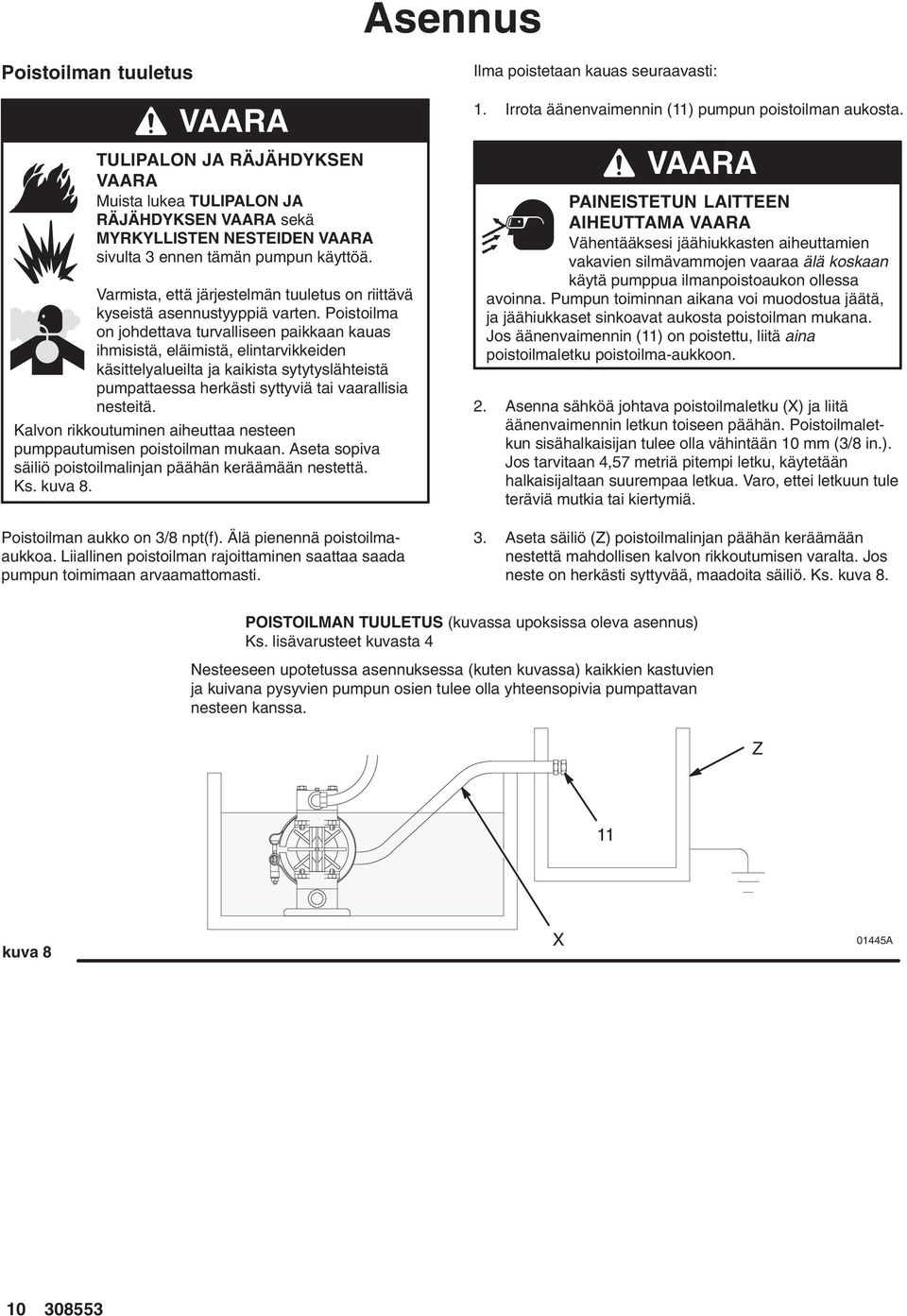 Poistoilma on johdettava turvalliseen paikkaan kauas ihmisistä, eläimistä, elintarvikkeiden käsittelyalueilta ja kaikista sytytyslähteistä pumpattaessa herkästi syttyviä tai vaarallisia nesteitä.