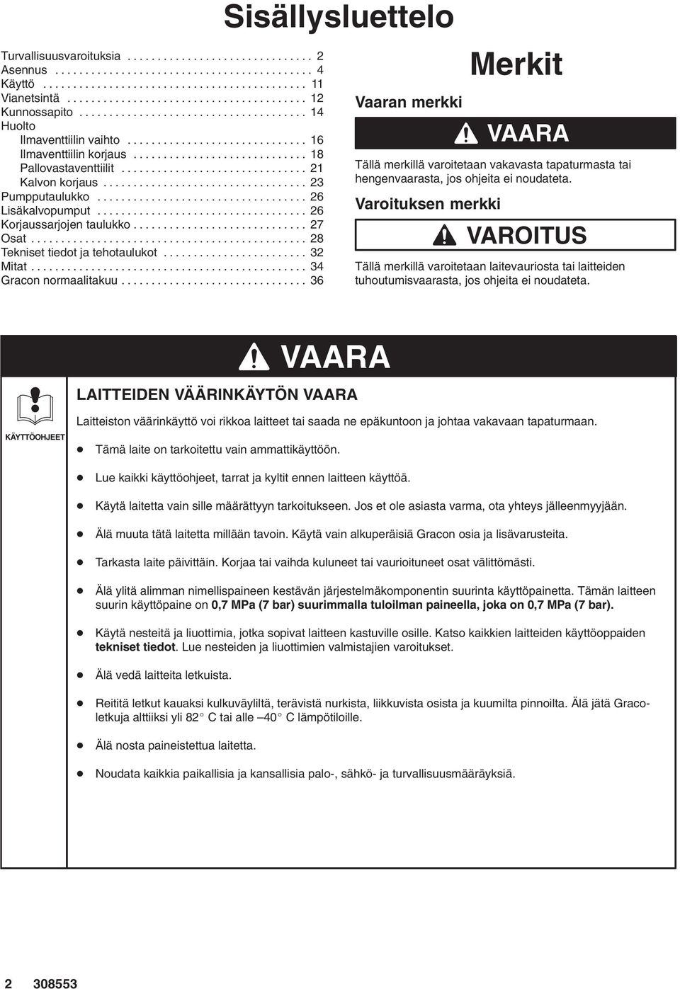 ................................. 3 Pumpputaulukko................................... 6 Lisäkalvopumput................................... 6 Korjaussarjojen taulukko............................. 7 Osat.