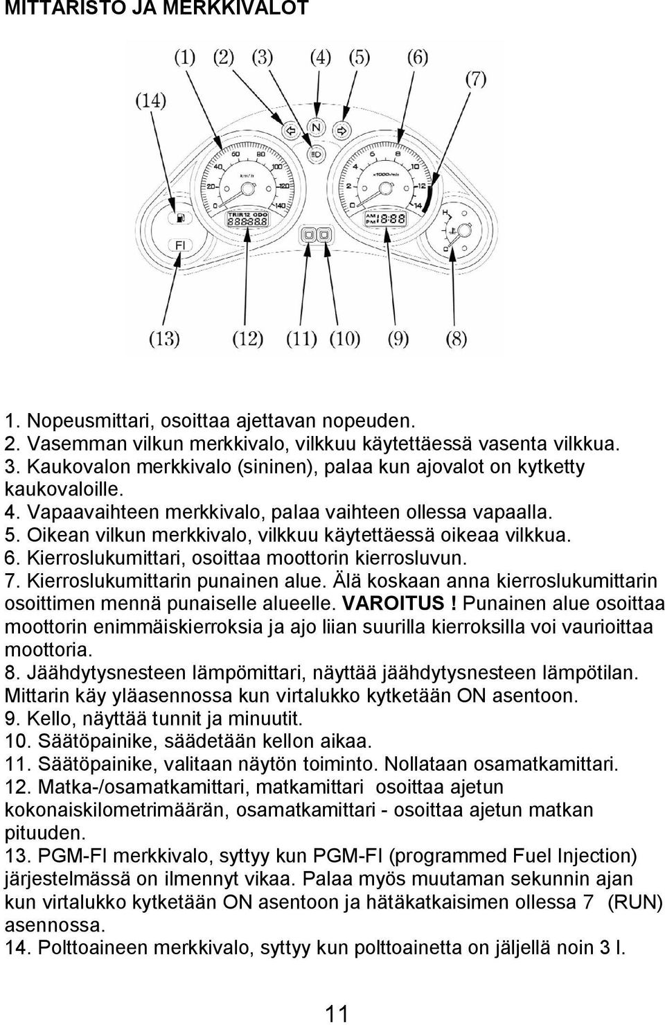 Oikean vilkun merkkivalo, vilkkuu käytettäessä oikeaa vilkkua. 6. Kierroslukumittari, osoittaa moottorin kierrosluvun. 7. Kierroslukumittarin punainen alue.