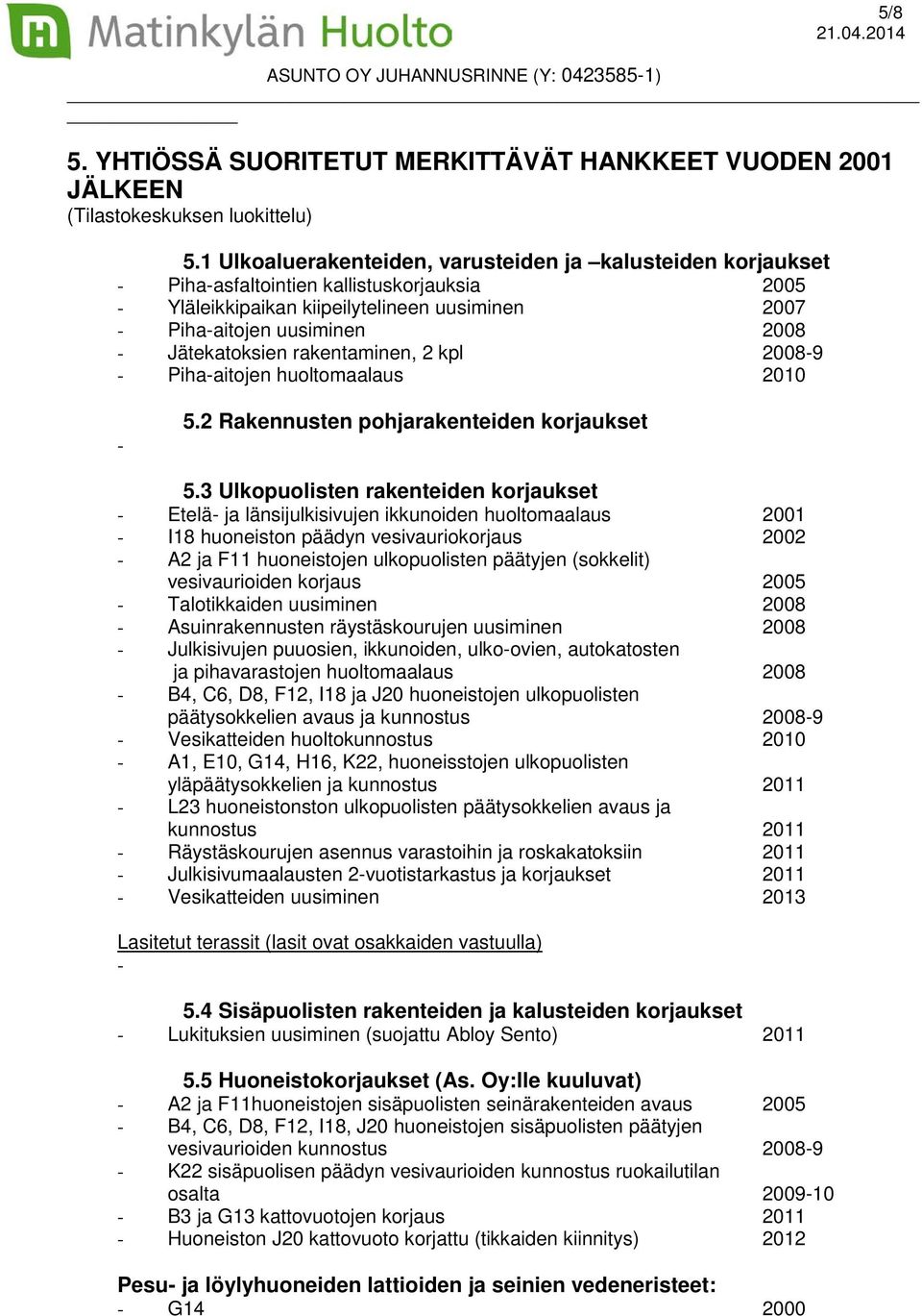 Jätekatoksien rakentaminen, 2 kpl 2008-9 - Piha-aitojen huoltomaalaus 2010-5.2 Rakennusten pohjarakenteiden korjaukset 5.