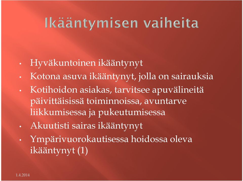 päivittäisissä toiminnoissa, avuntarve liikkumisessa ja