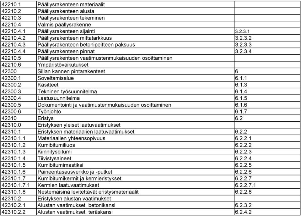 6 Ympäristövaikutukset 42300 Sillan kannen pintarakenteet 6 42300.1 Soveltamisalue 6.1.1 42300.2 Käsitteet 6.1.3 42300.3 Tekninen työsuunnitelma 6.1.4 42300.4 Laatusuunnitelma 6.1.5 42300.