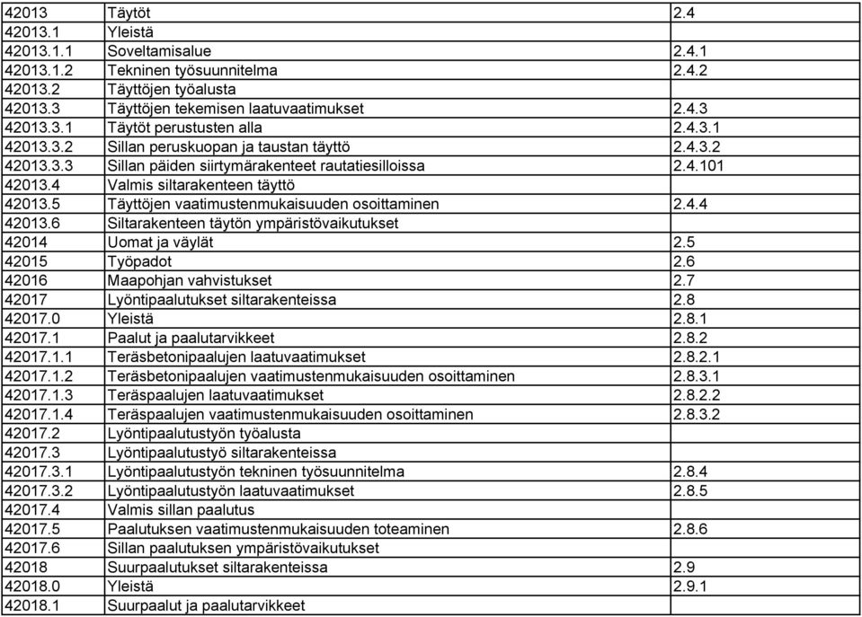 5 Täyttöjen vaatimustenmukaisuuden osoittaminen 2.4.4 42013.6 Siltarakenteen täytön ympäristövaikutukset 42014 Uomat ja väylät 2.5 42015 Työpadot 2.6 42016 Maapohjan vahvistukset 2.