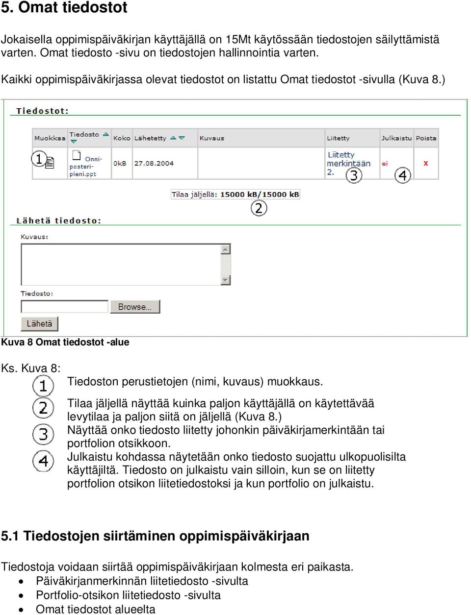 Tilaa jäljellä näyttää kuinka paljon käyttäjällä on käytettävää levytilaa ja paljon siitä on jäljellä (Kuva 8.) Näyttää onko tiedosto liitetty johonkin päiväkirjamerkintään tai portfolion otsikkoon.