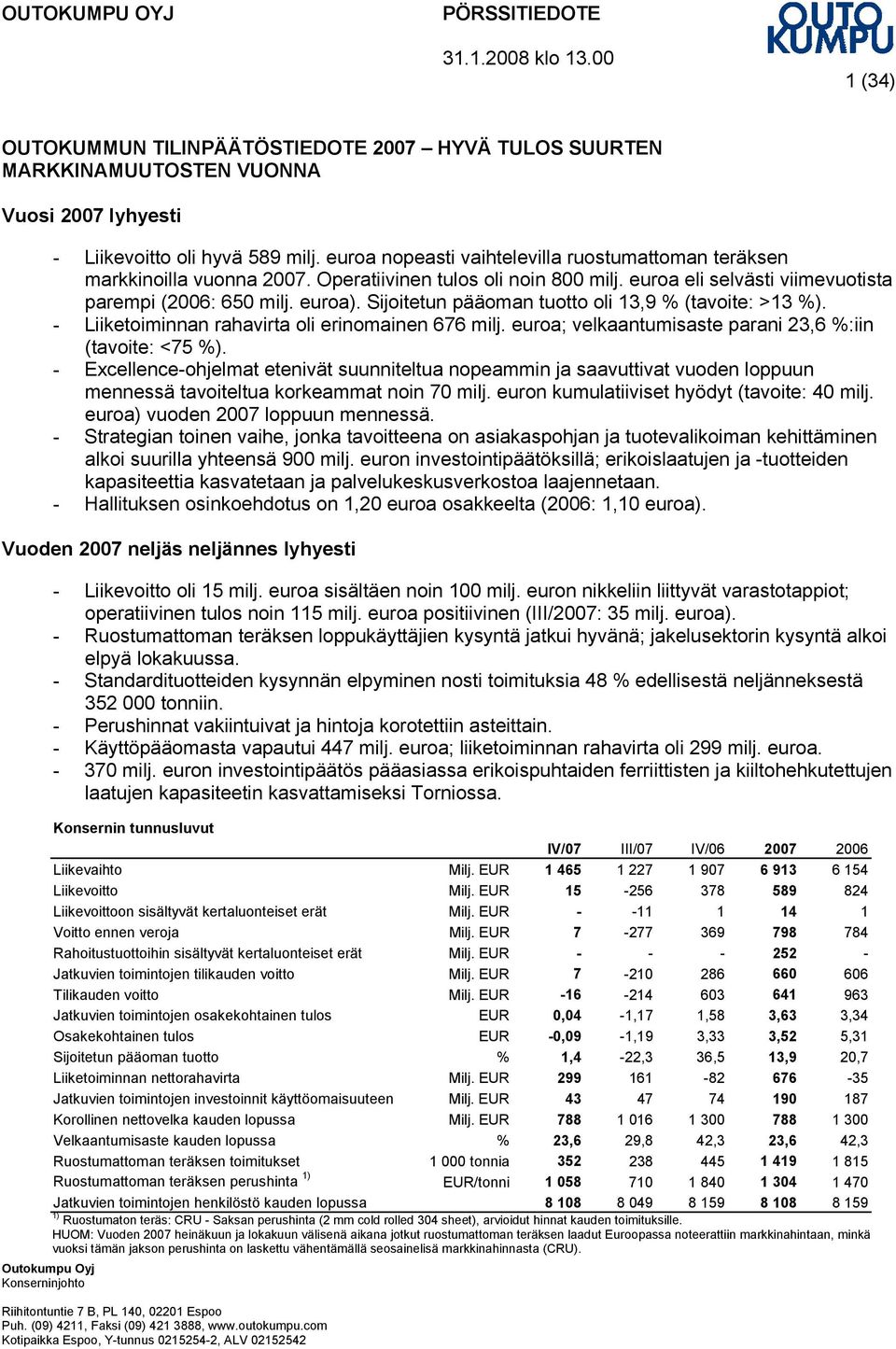 euroa nopeasti vaihtelevilla ruostumattoman teräksen markkinoilla vuonna 2007. Operatiivinen tulos oli noin 800 milj. euroa eli selvästi viimevuotista parempi (2006: 650 milj. euroa).