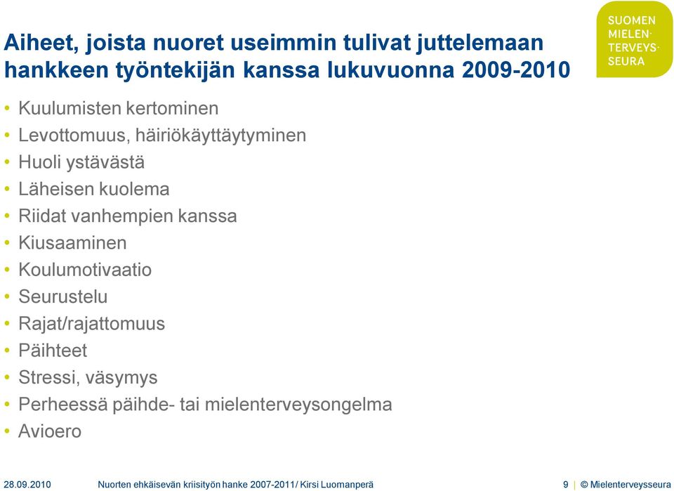 kanssa Kiusaaminen Koulumotivaatio Seurustelu Rajat/rajattomuus Päihteet Stressi, väsymys Perheessä päihde-