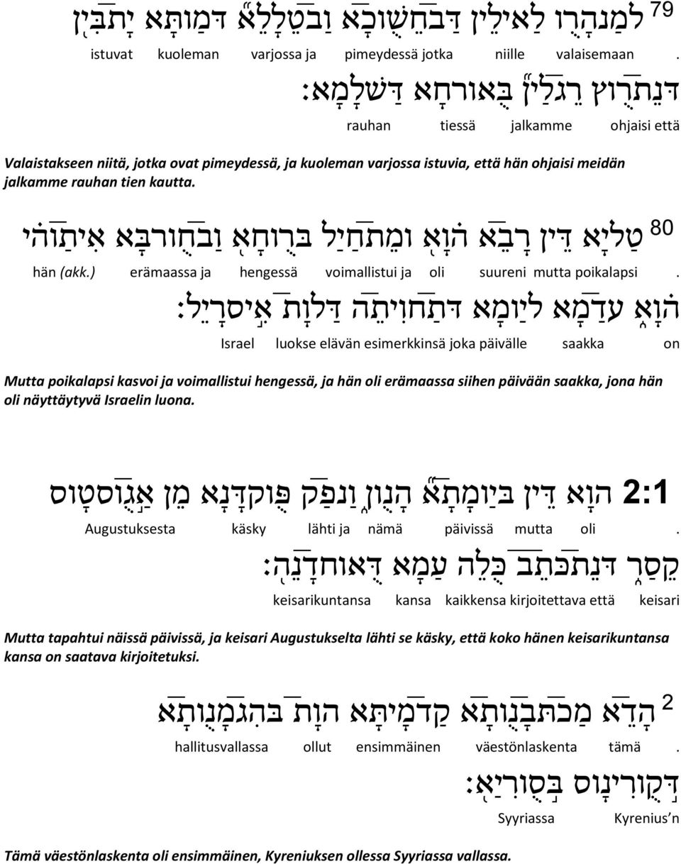 80 ט לי א ד ין ר ב א ה ו א ומ ת ח י ל בר וח א ו ב ח ור ב א א ית וה י hän (akk.) erämaassa ja hengessä voimallistui ja oli suureni mutta poikalapsi.