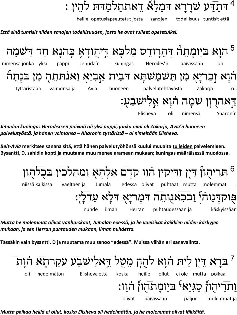 תי א ב ה ו א ז כ רי א מ ן ת שמ ש ת א דב י א ו אנ תת ה מ ן בנ ת ה tyttäristään vaimonsa ja Avia huoneen palvelutehtävästä Zakarja oli ד אהר ון שמ ה ה ו א א ל י שב ע Elisheva oli nimensä Aharon n