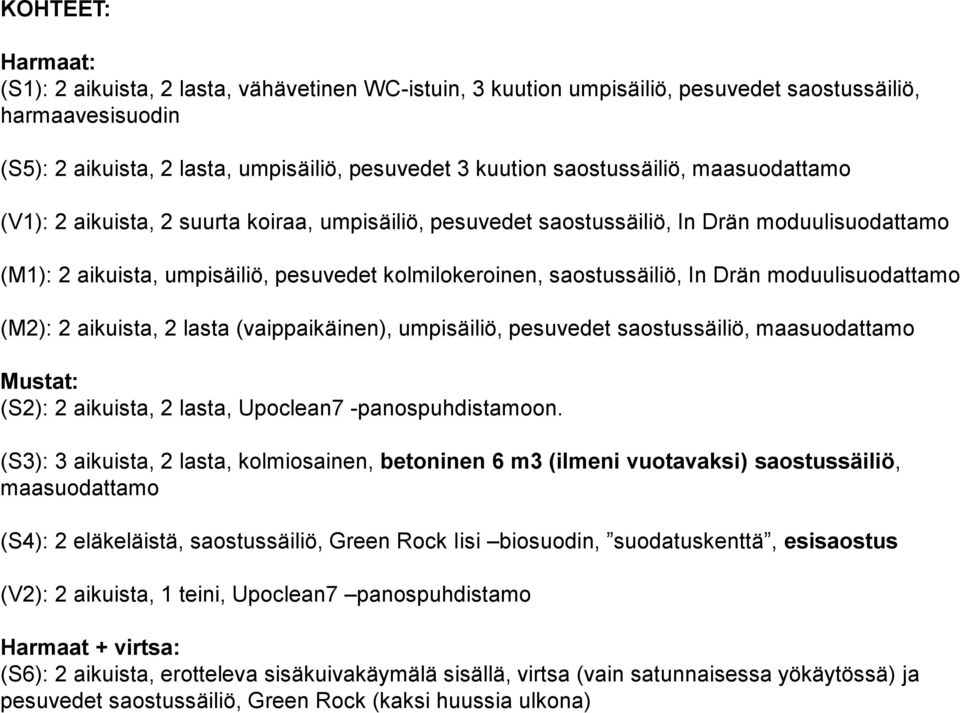 In Drän moduulisuodattamo (M2): 2 aikuista, 2 lasta (vaippaikäinen), umpisäiliö, pesuvedet saostussäiliö, maasuodattamo Mustat: (S2): 2 aikuista, 2 lasta, Upoclean7 -panospuhdistamoon.