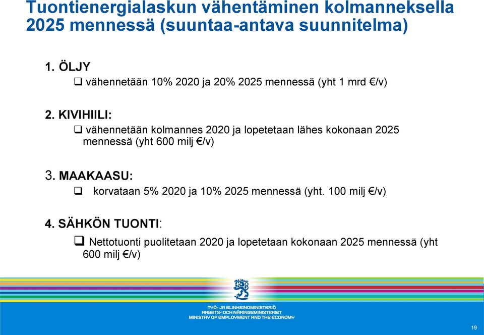 KIVIHIILI: vähennetään kolmannes 2020 ja lopetetaan lähes kokonaan 2025 mennessä (yht 600 milj /v) 3.