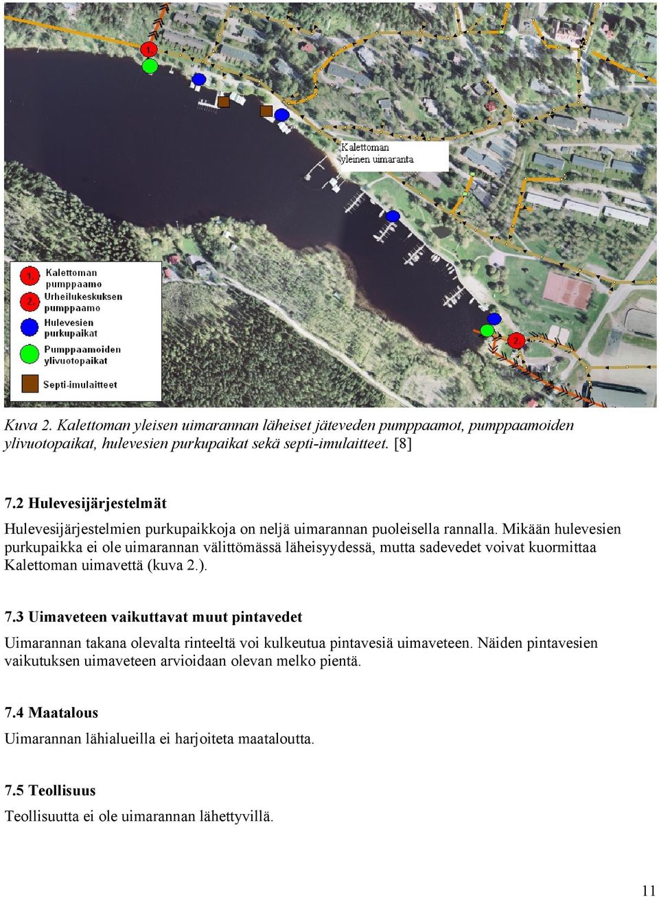 Mikään hulevesien purkupaikka ei ole uimarannan välittömässä läheisyydessä, mutta sadevedet voivat kuormittaa Kalettoman uimavettä (kuva 2.). 7.
