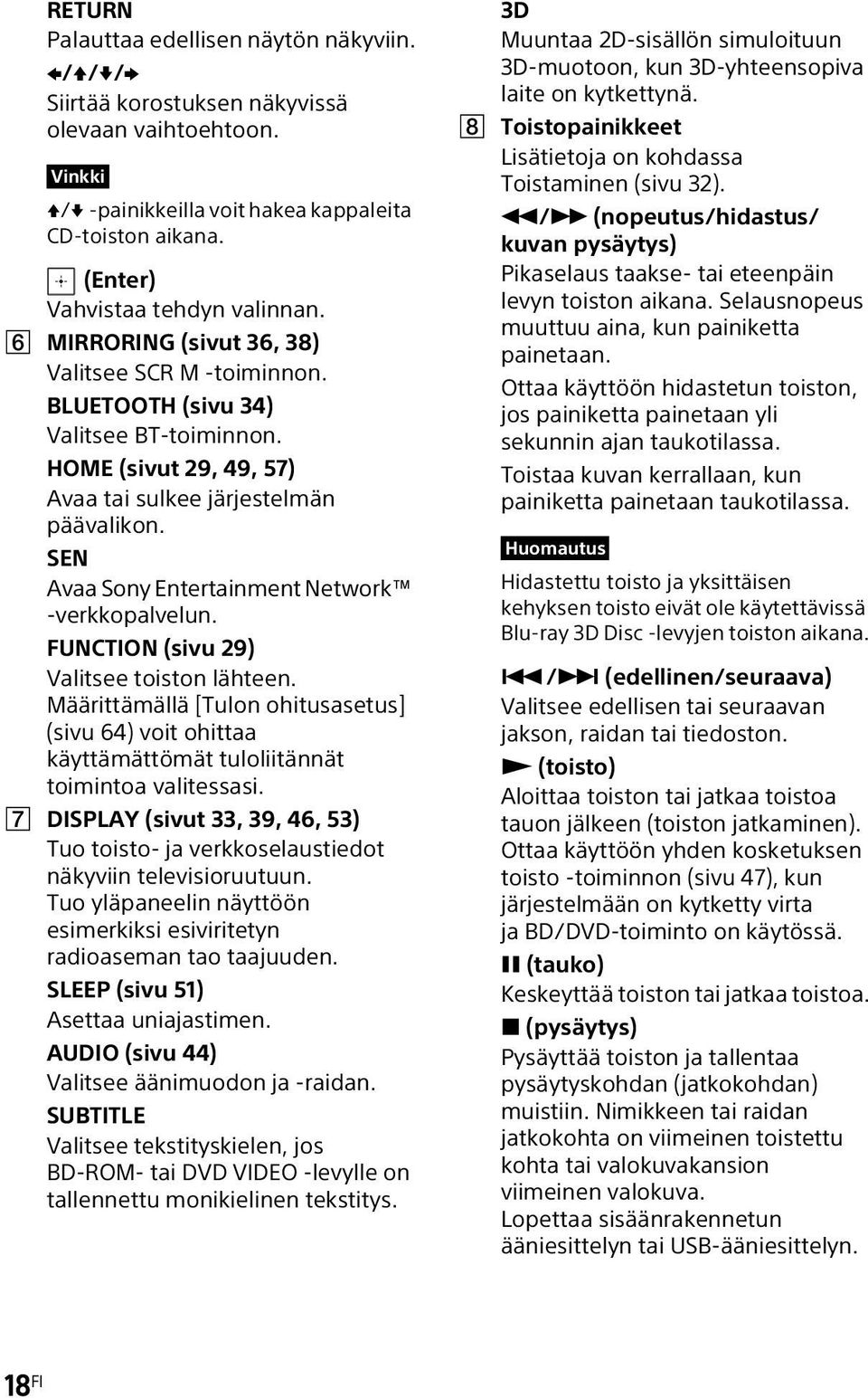 SEN Avaa Sony Entertainment Network -verkkopalvelun. FUNCTION (sivu 29) Valitsee toiston lähteen.