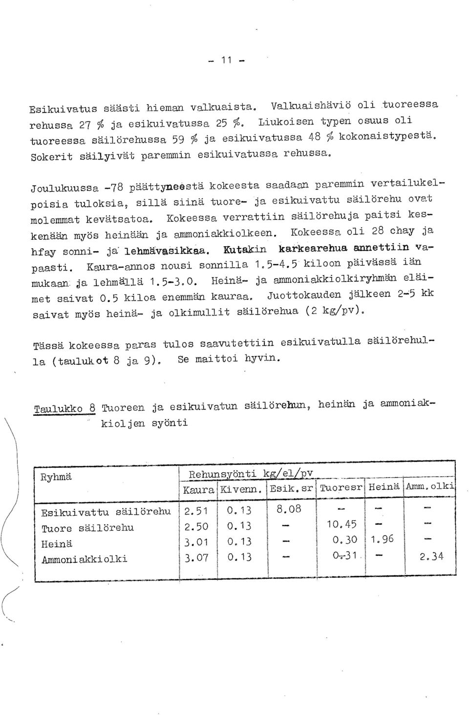 Joulukuussa -78 päättyneestä kokeesta saadaan paremmin vertailukelpoisia tuloksia, sillä siinä tuore- ja esikuivattu säilörehu ovat molemmat kevätsatoa.