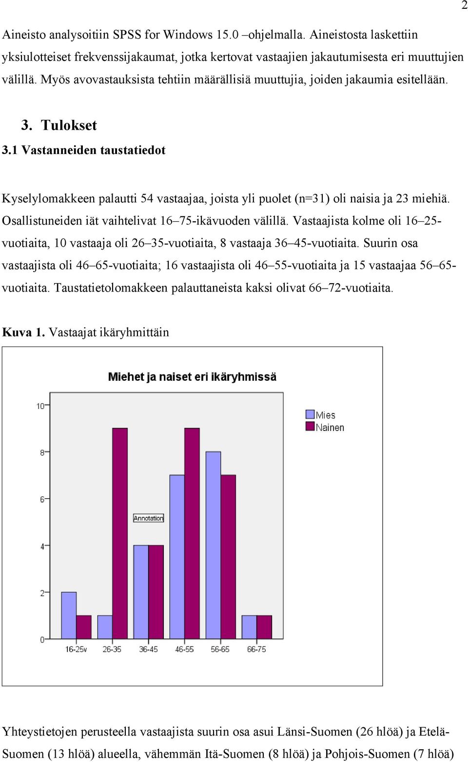 1 Vastanneiden taustatiedot Kyselylomakkeen palautti 54 vastaajaa, joista yli puolet (n=31) oli naisia ja 23 miehiä. Osallistuneiden iät vaihtelivat 16 75-ikävuoden välillä.