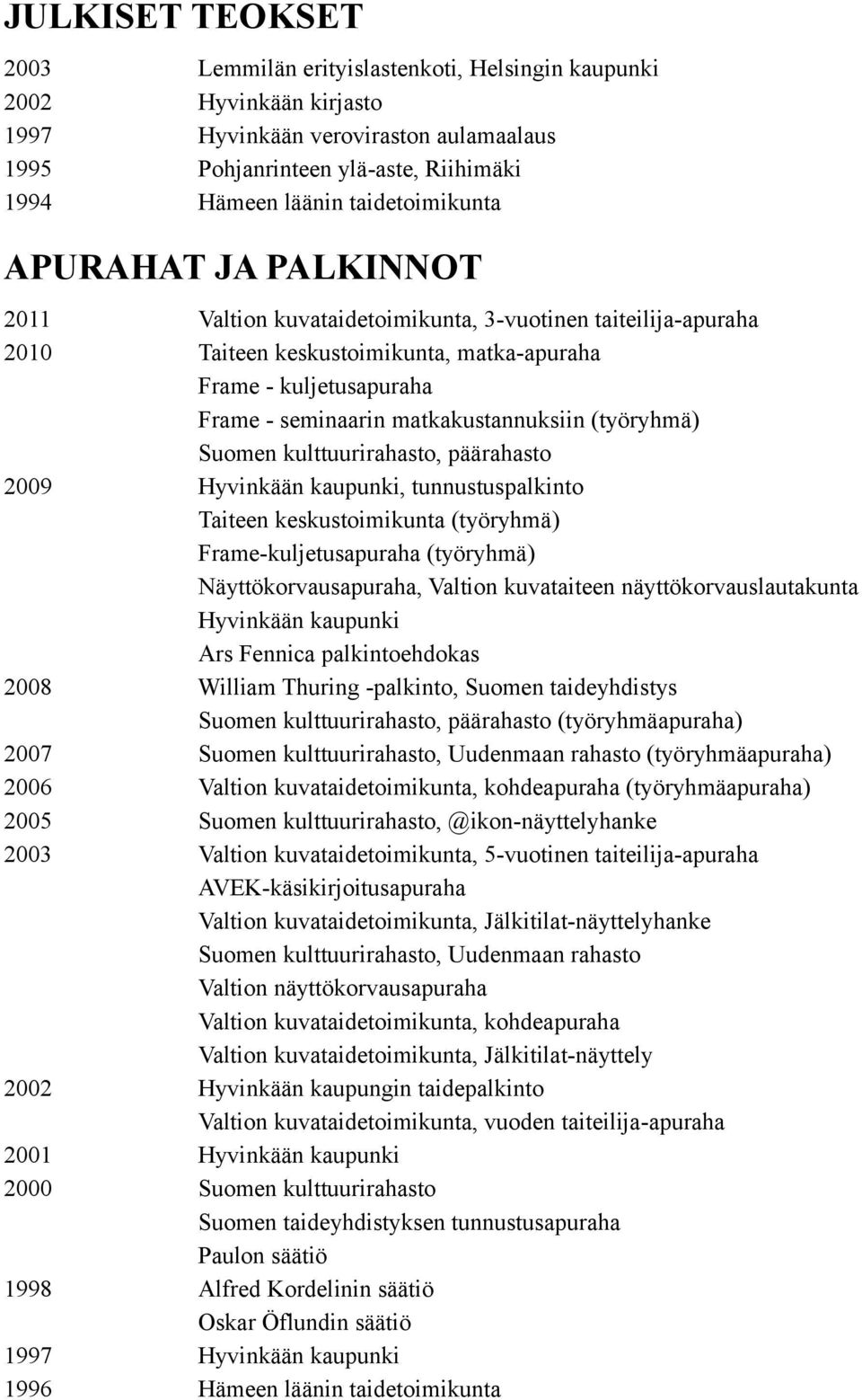 matkakustannuksiin (työryhmä) Suomen kulttuurirahasto, päärahasto 2009 Hyvinkään kaupunki, tunnustuspalkinto Taiteen keskustoimikunta (työryhmä) Frame-kuljetusapuraha (työryhmä) Näyttökorvausapuraha,