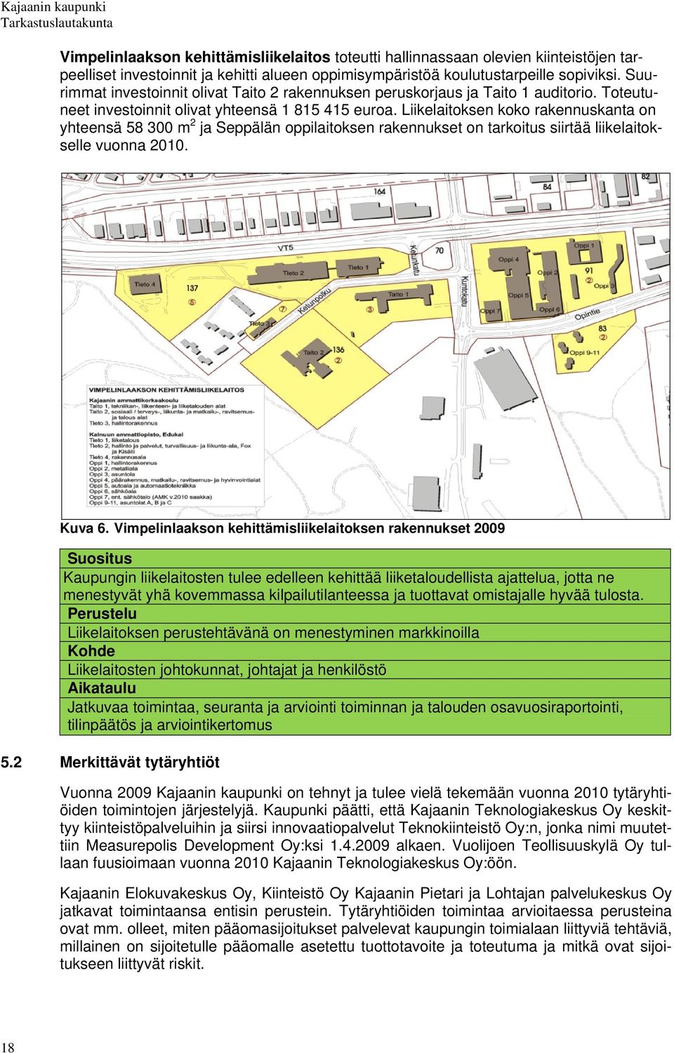 Liikelaitoksen koko rakennuskanta on yhteensä 58 300 m 2 ja Seppälän oppilaitoksen rakennukset on tarkoitus siirtää liikelaitokselle vuonna 2010. Kuva 6.