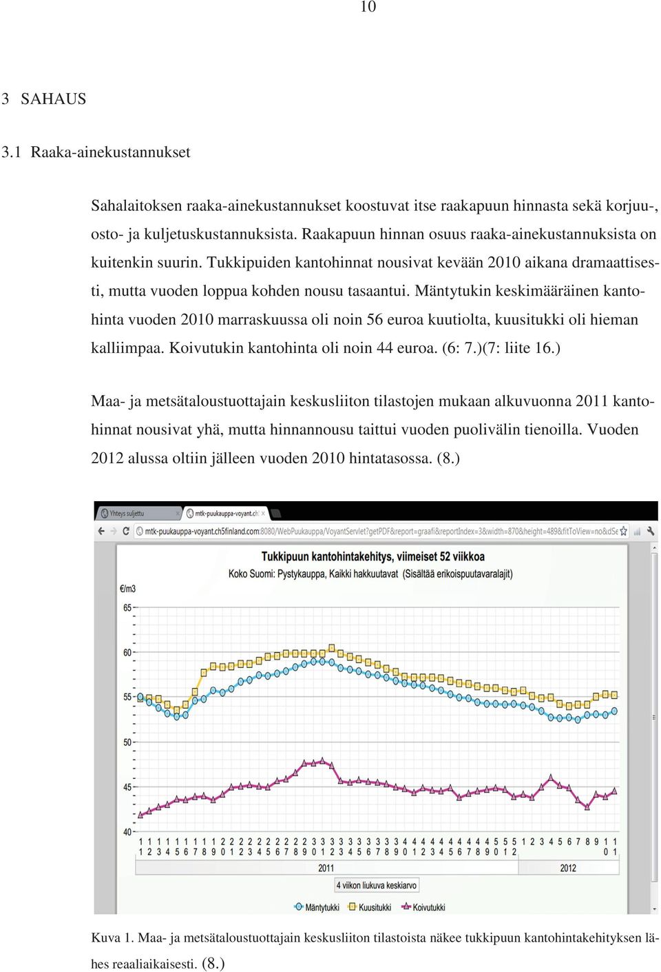 Mäntytukin keskimääräinen kantohinta vuoden 2010 marraskuussa oli noin 56 euroa kuutiolta, kuusitukki oli hieman kalliimpaa. Koivutukin kantohinta oli noin 44 euroa. (6: 7.)(7: liite 16.