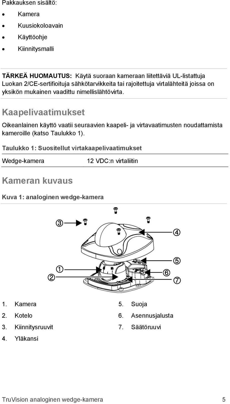 Kaapelivaatimukset Oikeanlainen käyttö vaatii seuraavien kaapeli- ja virtavaatimusten noudattamista kameroille (katso Taulukko 1).