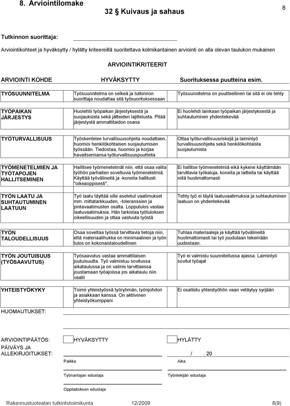 TYÖSUUNNITELMA TYÖPAIKAN JÄRJESTYS Työsuunnitelma on selkeä ja tutkinnon suorittaja noudattaa sitä työsuorituksessaan Huolehtii työpaikan järjestyksestä ja suojauksista sekä jätteiden lajittelusta.