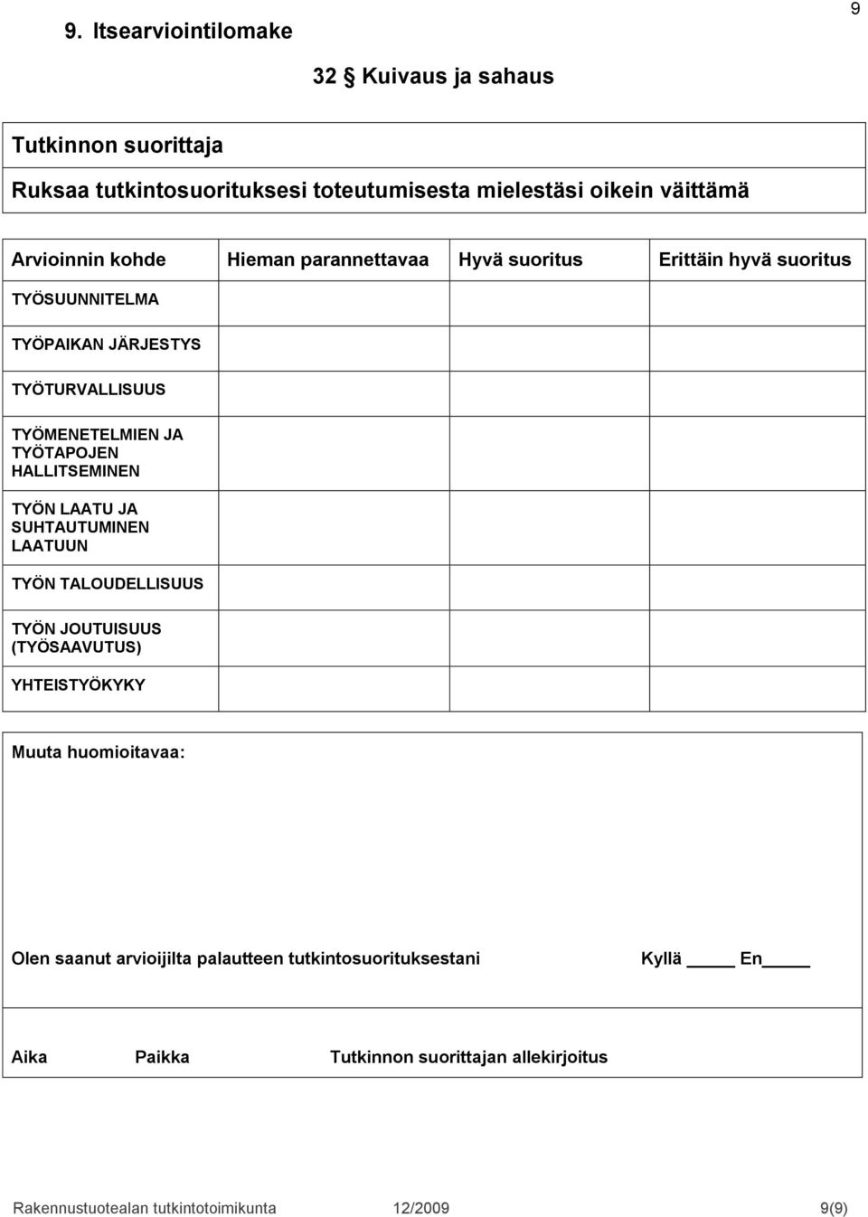 HALLITSEMINEN TYÖN LAATU JA SUHTAUTUMINEN LAATUUN TYÖN TALOUDELLISUUS TYÖN JOUTUISUUS (TYÖSAAVUTUS) YHTEISTYÖKYKY Muuta huomioitavaa: Olen