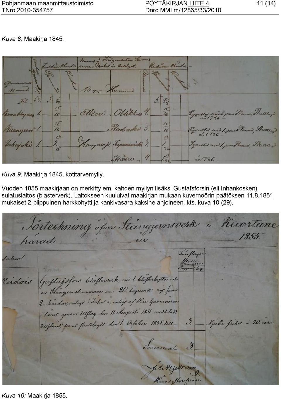 kahden myllyn lisäksi Gustafsforsin (eli Inhankosken) sulatuslaitos (blästerverk).