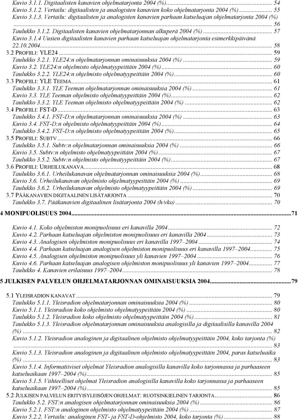2 PROFIILI: YLE24... 59 Taulukko 3.2.1. YLE24:n ohjelmatarjonnan ominaisuuksia 2004 (%)... 59 Kuvio 3.2. YLE24:n ohjelmisto ohjelmatyypeittäin 2004 (%)...60 Taulukko 3.2.2. YLE24:n ohjelmisto ohjelmatyypeittäin 2004 (%)... 60 3.