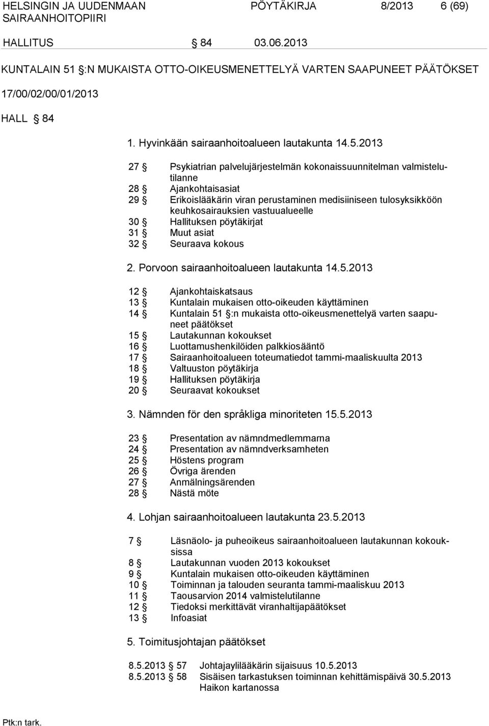 2013 27 Psykiatrian palvelujärjestelmän kokonaissuunnitelman valmistelutilanne 28 Ajankohtaisasiat 29 Erikoislääkärin viran perustaminen medisiiniseen tulosyksikköön keuhkosairauksien vastuualueelle