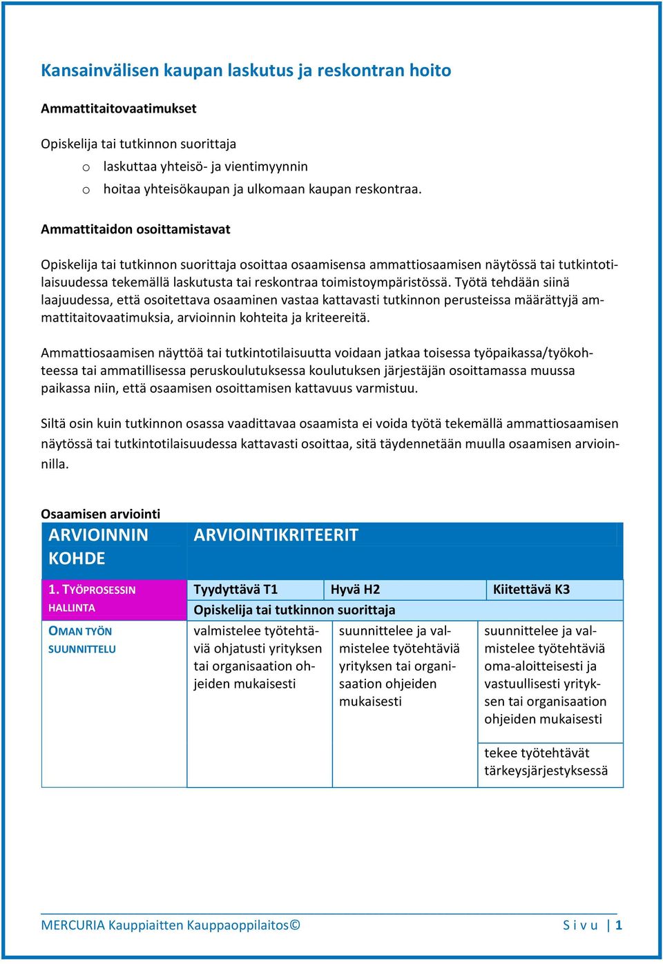 Työtä tehdään siinä laajuudessa, että osoitettava osaaminen vastaa kattavasti tutkinnon perusteissa määrättyjä ammattitaitovaatimuksia, arvioinnin kohteita ja kriteereitä.