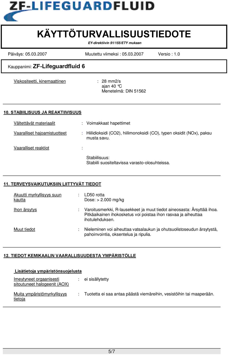 Vaaralliset reaktiot : Stabiilisuus: Stabiili suositeltavissa varasto-olosuhteissa. 11. TERVEYSVAIKUTUKSIIN LIITTYVÄT TIEDOT Akuutti myrkyllisyys suun kautta : LD50 rotta Dose: > 2.