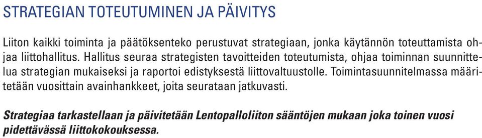 Hallitus seuraa strategisten tavoitteiden toteutumista, ohjaa toiminnan suunnittelua strategian mukaiseksi ja raportoi