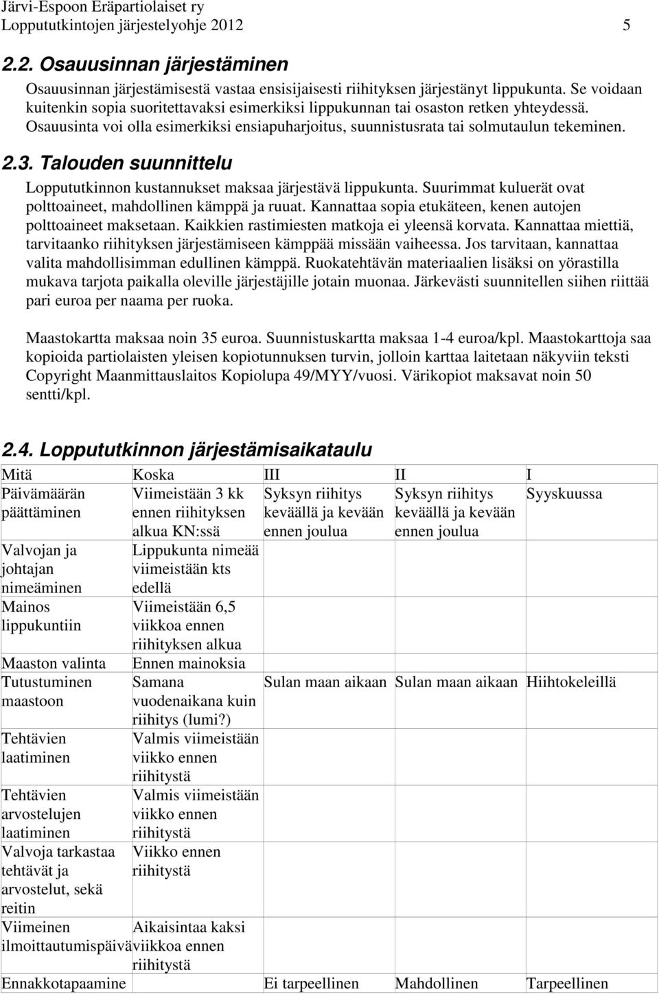 Talouden suunnittelu Loppututkinnon kustannukset maksaa järjestävä lippukunta. Suurimmat kuluerät ovat polttoaineet, mahdollinen kämppä ja ruuat.