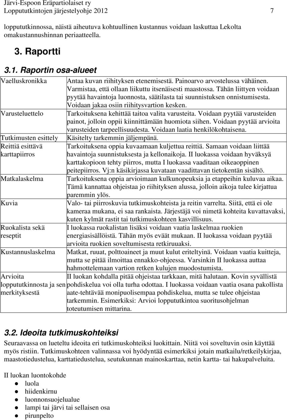 Raportin osa-alueet Vaelluskronikka Varusteluettelo Tutkimusten esittely Reittiä esittävä karttapiirros Matkalaskelma Kuvia Ruokalista sekä reseptit Kustannuslaskelma Arvioita loppututkinnosta ja sen