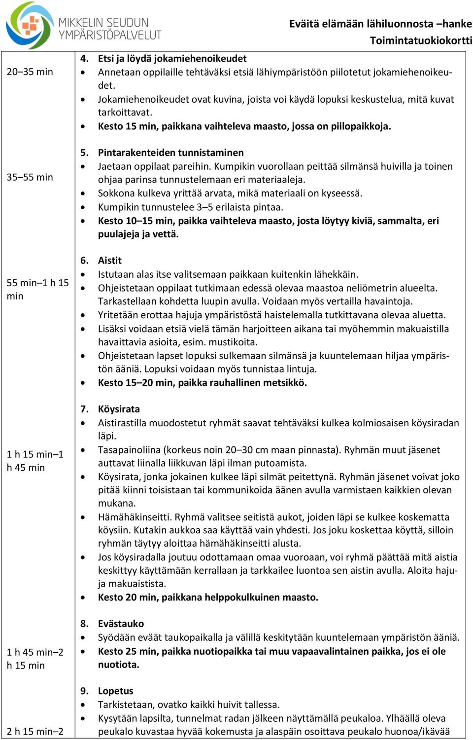 Jokamiehenoikeudet ovat kuvina, joista voi käydä lopuksi keskustelua, mitä kuvat tarkoittavat. Kesto 15 min, paikkana vaihteleva maasto, jossa on piilopaikkoja. 5.