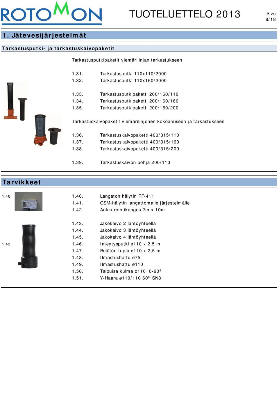 Tarkastuskaivopaketti 400/315/110 1.37. Tarkastuskaivopaketti 400/315/160 1.38. Tarkastuskaivopaketti 400/315/200 1.39. Tarkastuskaivon pohja 200/110 Tarvikkeet 1.40. 1.40. Langaton hälytin RF-411 1.