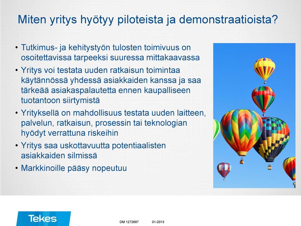 toimintaa käytännössä yhdessä asiakkaiden kanssa ja saa tärkeää asiakaspalautetta ennen kaupalliseen tuotantoon siirtymistä Yrityksellä