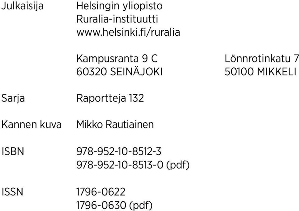 60320 SEINÄJOKI 50100 MIKKELI Kannen kuva Mikko Rautiainen ISBN