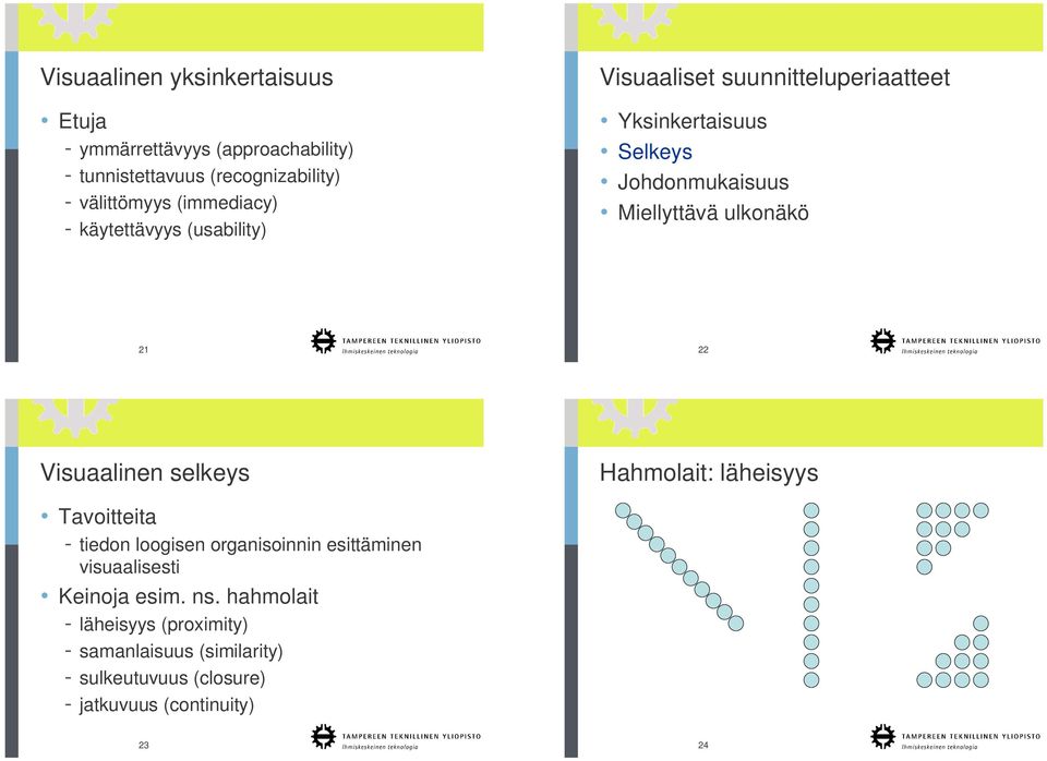 ulkonäkö 21 22 Visuaalinen selkeys Hahmolait: läheisyys Tavoitteita - tiedon loogisen organisoinnin esittäminen visuaalisesti