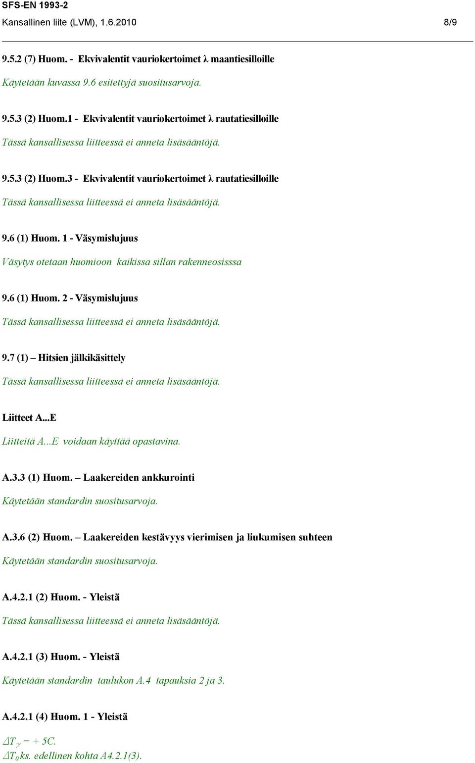 1 - Väsymislujuus Väsytys otetaan huomioon kaikissa sillan rakenneosisssa 9.6 (1) Huom. 2 - Väsymislujuus 9.7 (1) Hitsien jälkikäsittely Liitteet A...E Liitteitä A...E voidaan käyttää opastavina. A.3.