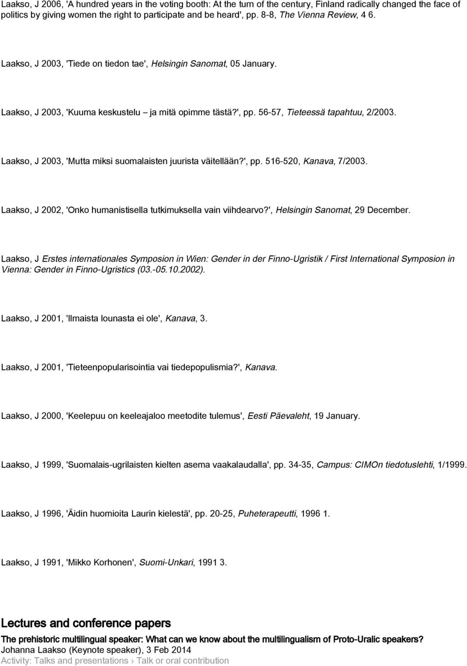 Laakso, J 2003, 'Mutta miksi suomalaisten juurista väitellään?', pp. 516-520, Kanava, 7/2003. Laakso, J 2002, 'Onko humanistisella tutkimuksella vain viihdearvo?', Helsingin Sanomat, 29 December.