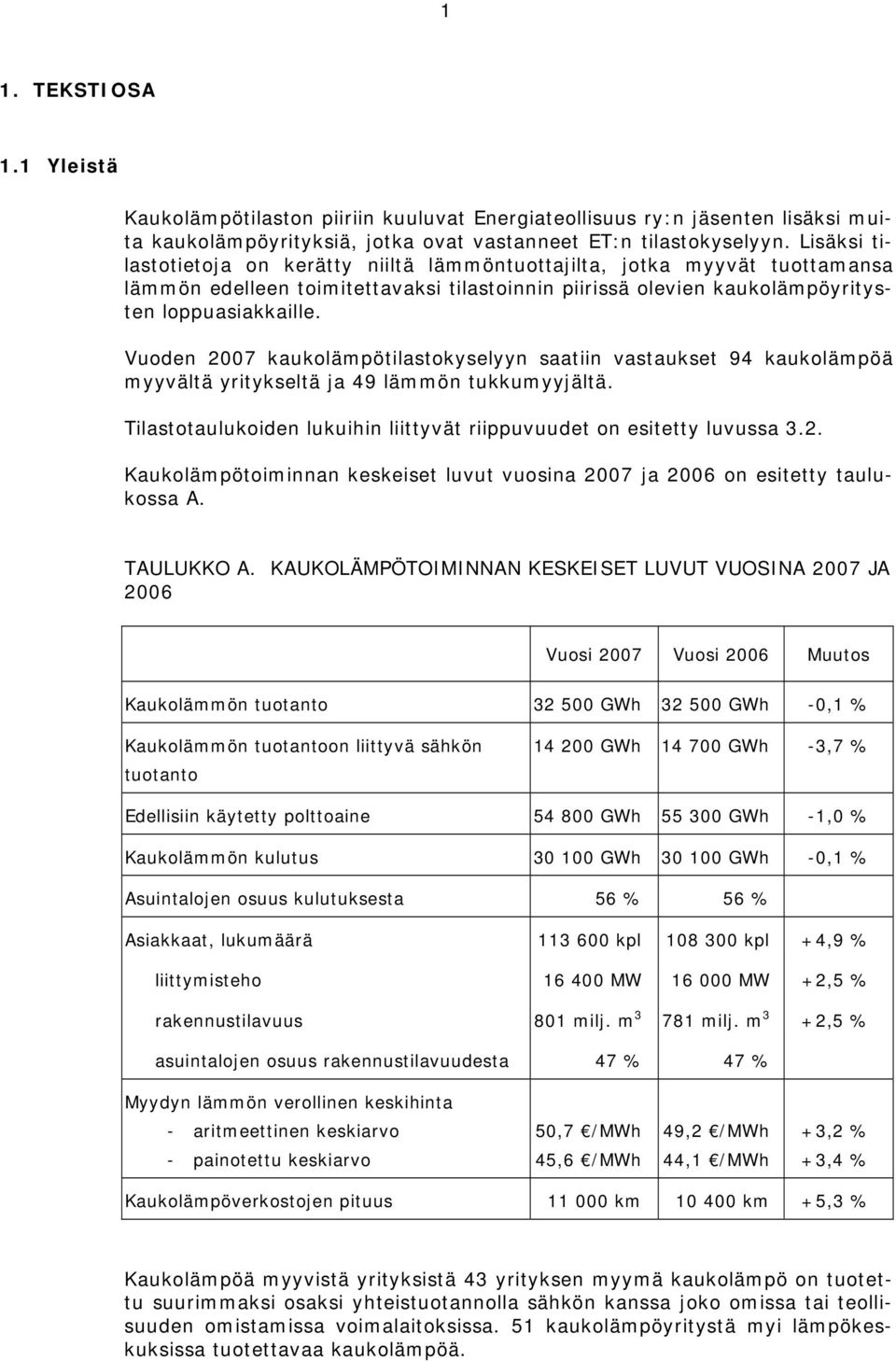 Vuoden 2007 kaukolämpötilastokyselyyn saatiin vastaukset 94 kaukolämpöä myyvältä yritykseltä ja 49 lämmön tukkumyyjältä. Tilastotaulukoiden lukuihin liittyvät riippuvuudet on esitetty luvussa 3.2. Kaukolämpötoiminnan keskeiset luvut vuosina 2007 ja 2006 on esitetty taulukossa A.