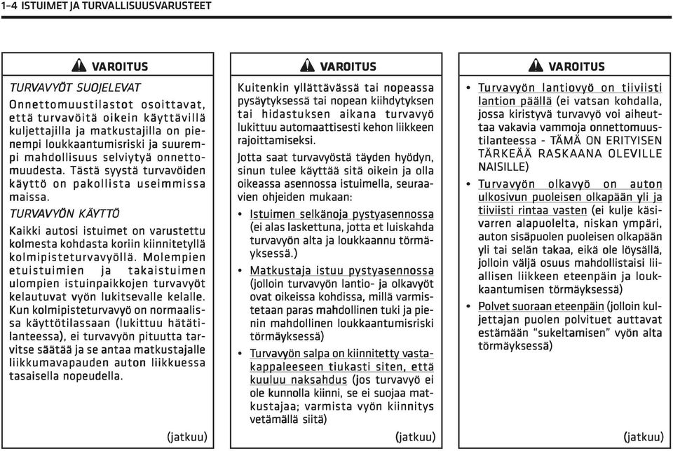 TURVAVY VYÖN ÖN KÄYTT TTÖ Kaikki autosi istuimet on varustettu kolmesta kohdasta koriin kiinnitetyllä kolmipisteturvavyöllä.