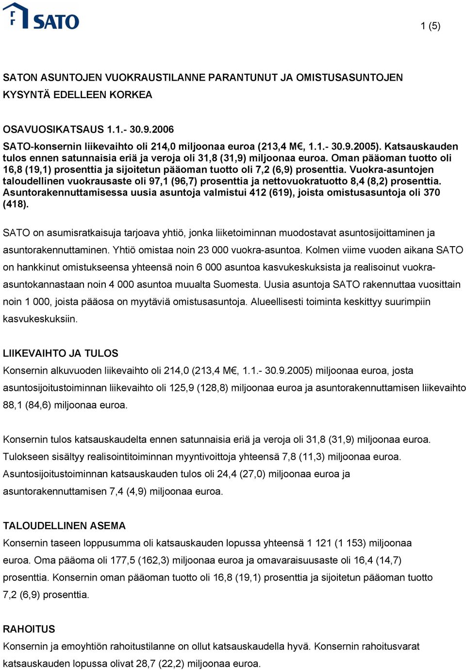 Vuokra-asuntojen taloudellinen vuokrausaste oli 97,1 (96,7) prosenttia ja nettovuokratuotto 8,4 (8,2) prosenttia.